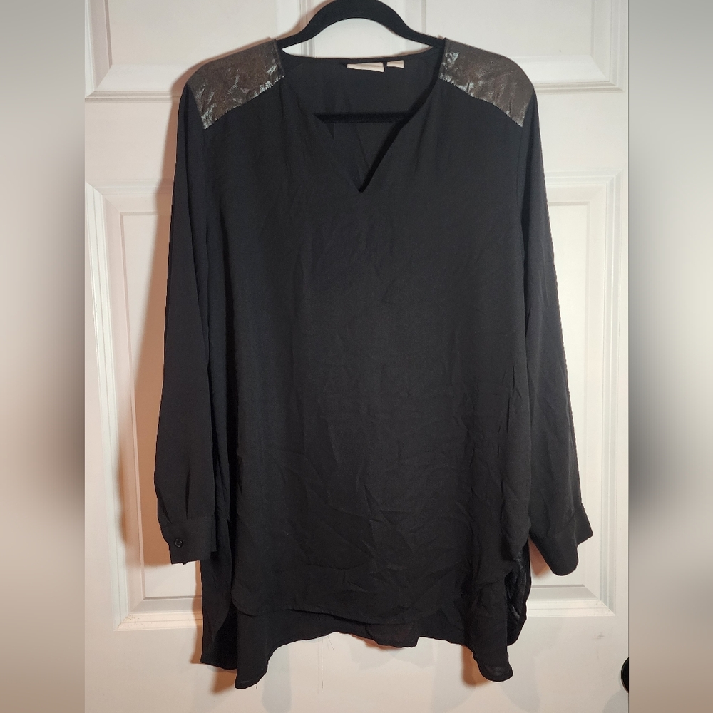 Chico's Black Semi Sheer Long Sleeve Blouse Shimmer Shoulders L Chicos 2